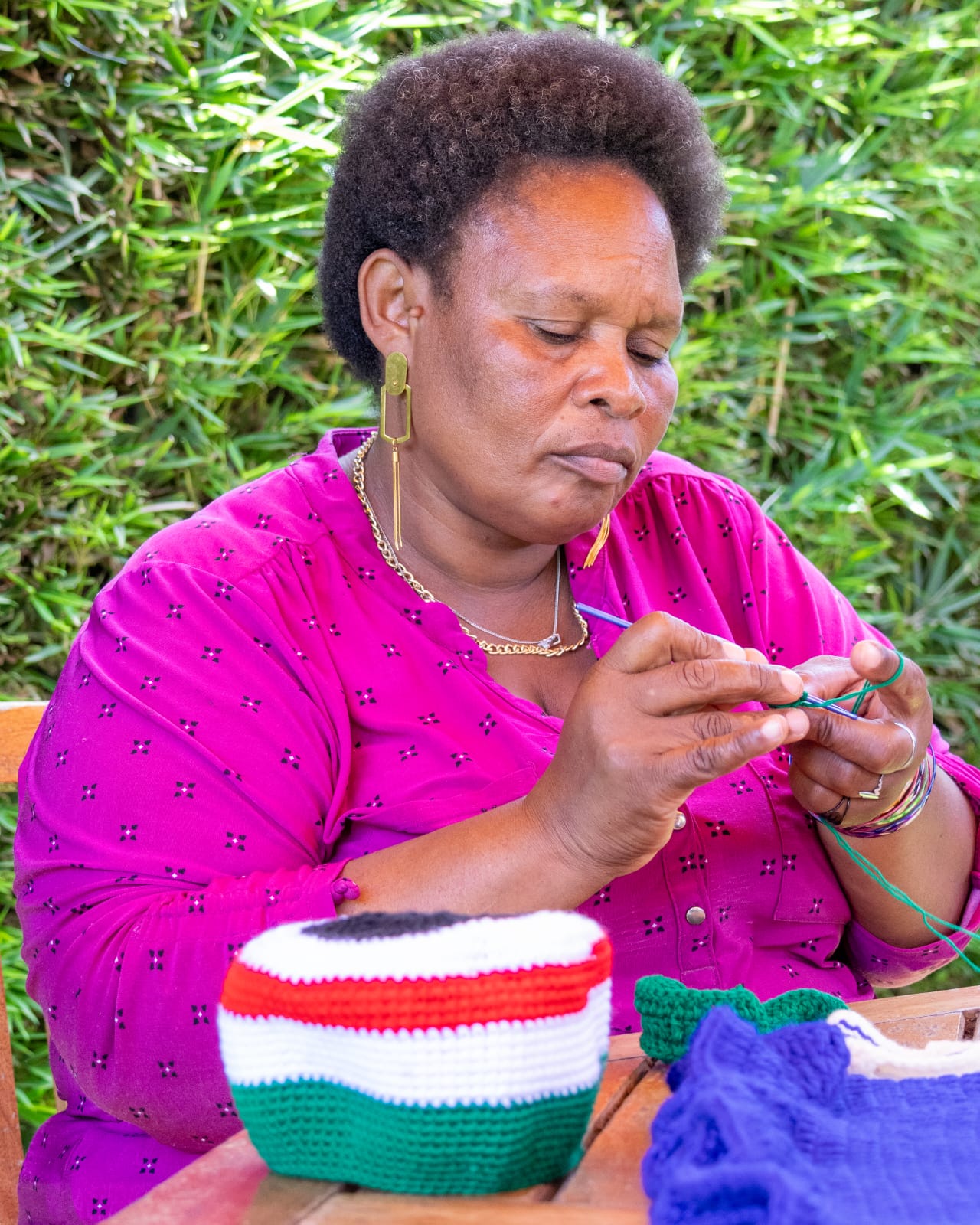 Joyce Mumbi crocheting work